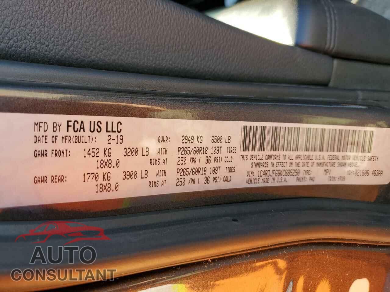 DODGE DURANGO 2019 - 1C4RDJFG6KC685290