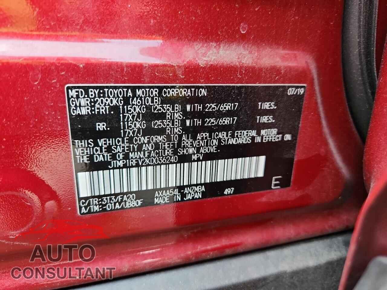 TOYOTA RAV4 2019 - JTMP1RFV2KD036240