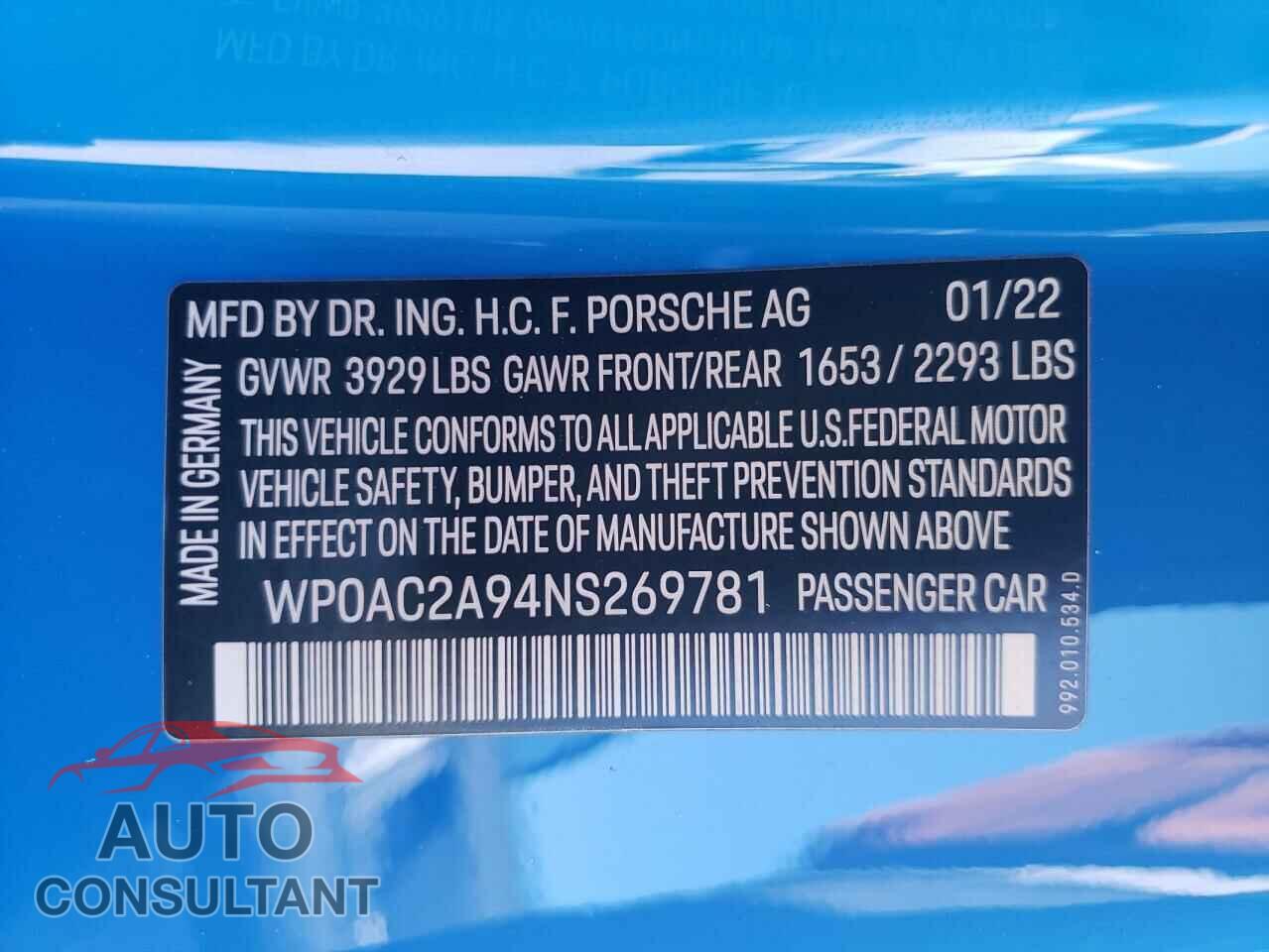 PORSCHE 911 2022 - WP0AC2A94NS269781