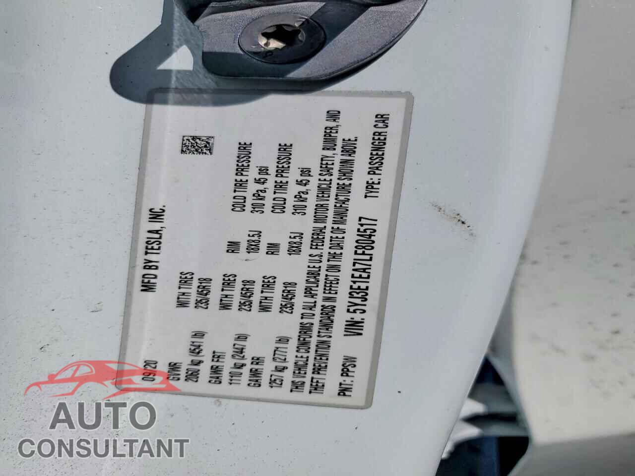 TESLA MODEL 3 2020 - 5YJ3E1EA7LF804517