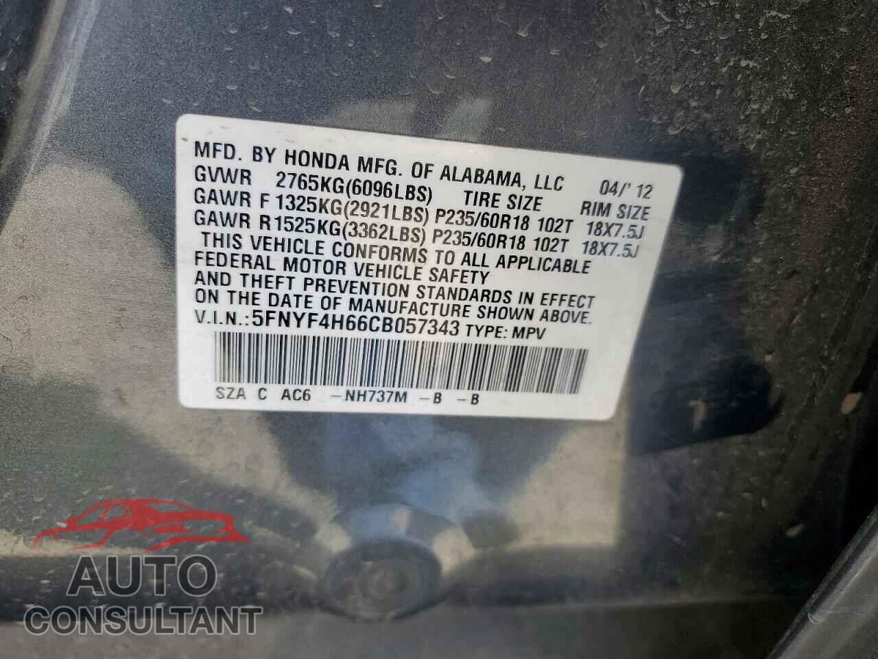 HONDA PILOT 2012 - 5FNYF4H66CB057343