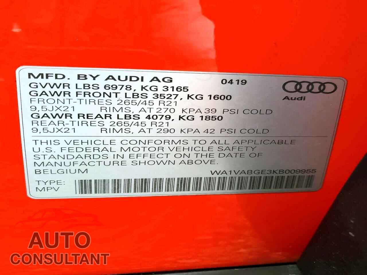 AUDI E-TRON 2019 - WA1VABGE3KB009955