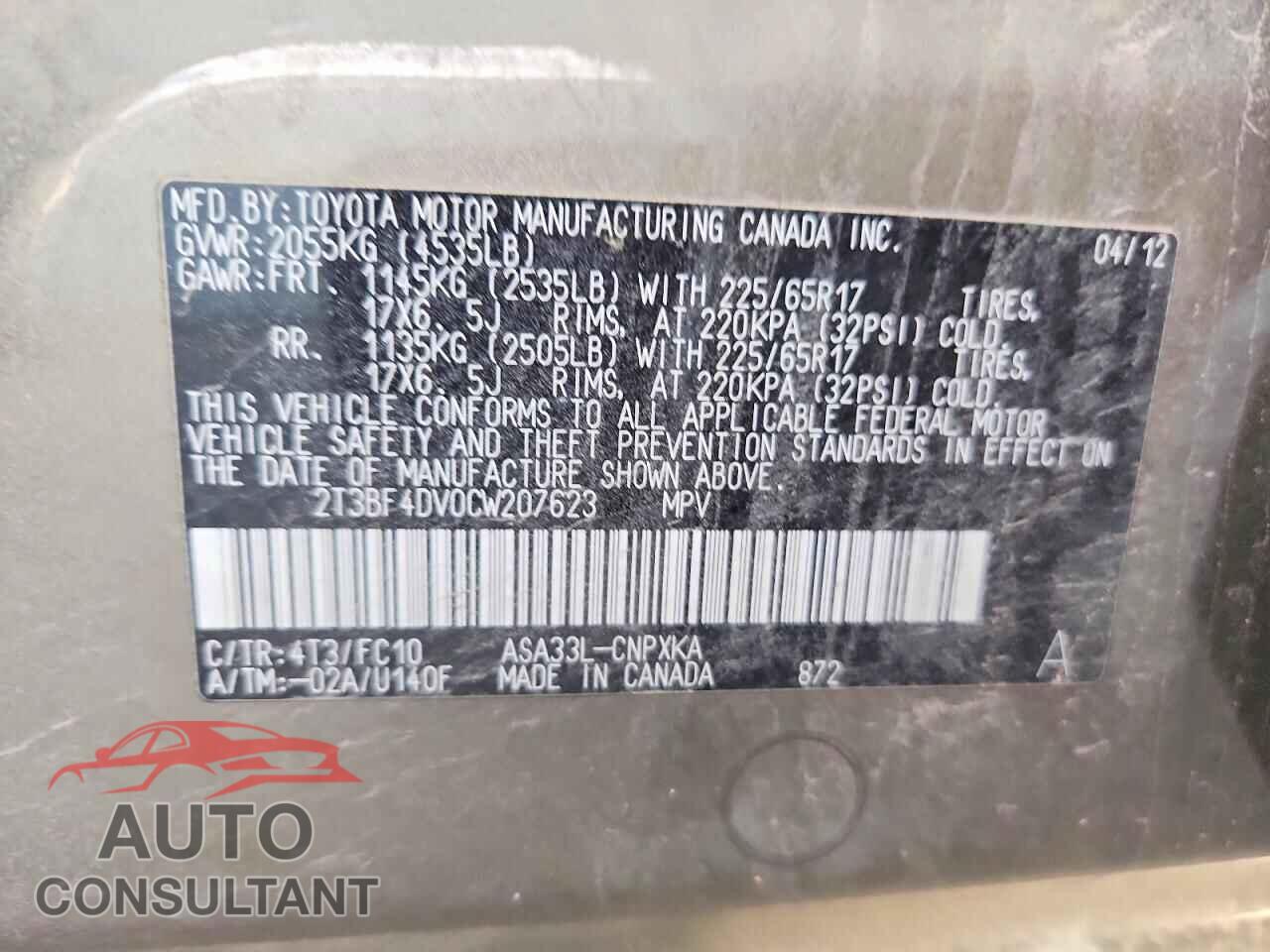 TOYOTA RAV4 2012 - 2T3BF4DV0CW207623