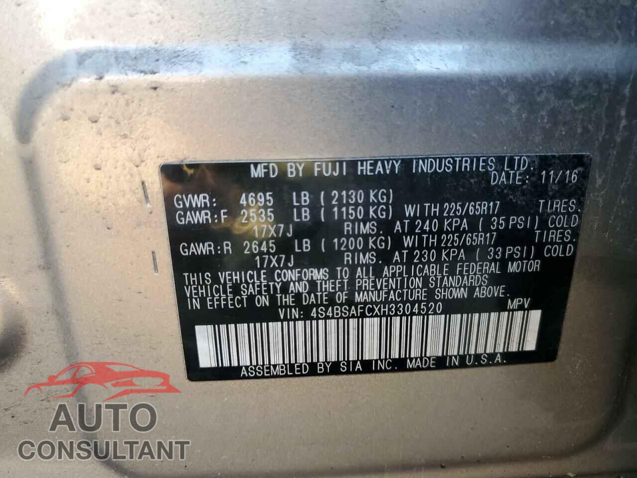 SUBARU OUTBACK 2017 - 4S4BSAFCXH3304520