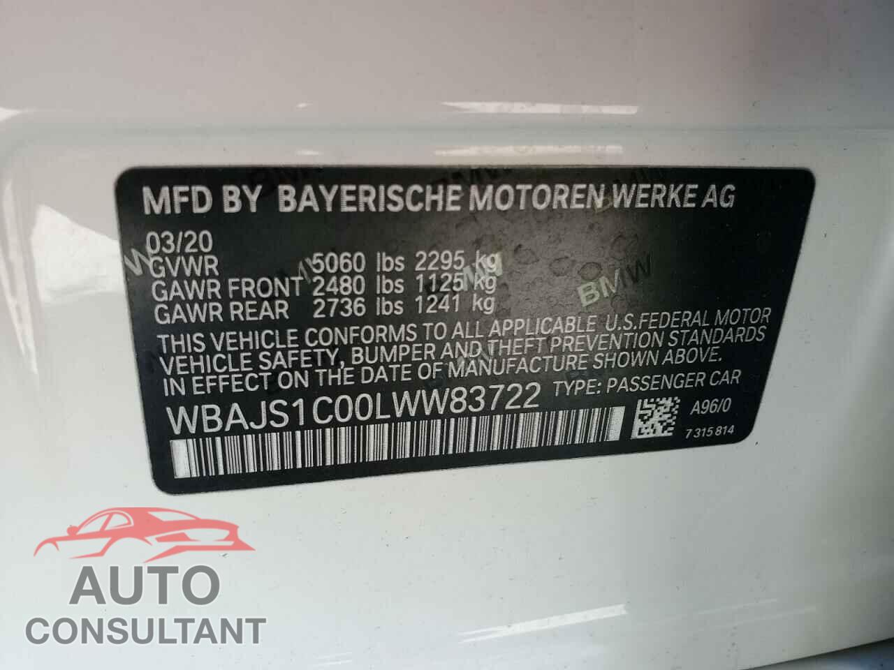 BMW 5 SERIES 2020 - WBAJS1C00LWW83722