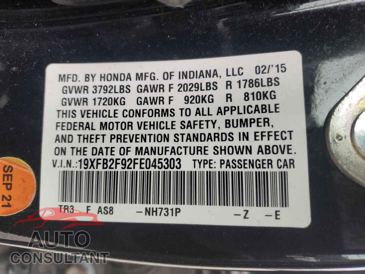 HONDA CIVIC 2015 - 19XFB2F92FE045303