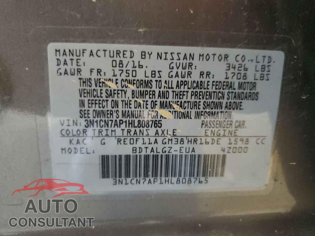 NISSAN VERSA 2017 - 3N1CN7AP1HL808765
