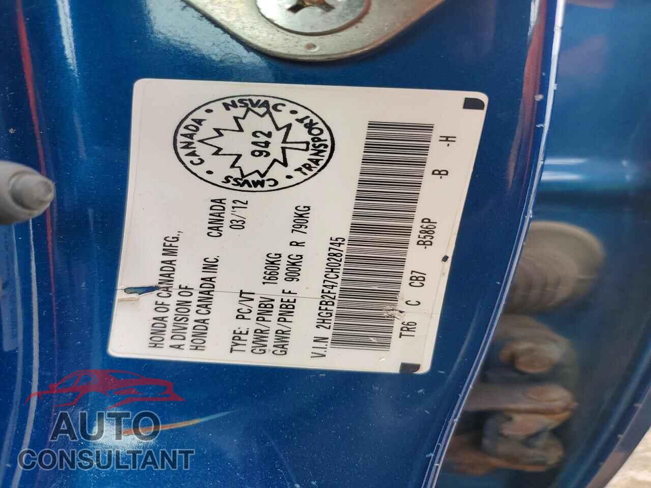 HONDA CIVIC 2012 - 2HGFB2F47CH028745
