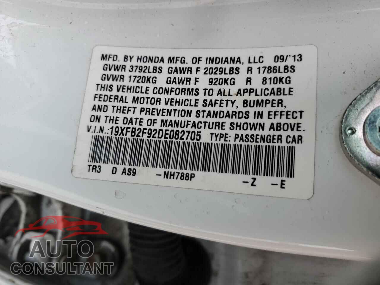 HONDA CIVIC 2013 - 19XFB2F92DE082705