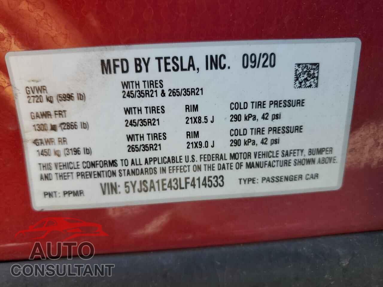 TESLA MODEL S 2020 - 5YJSA1E43LF414533