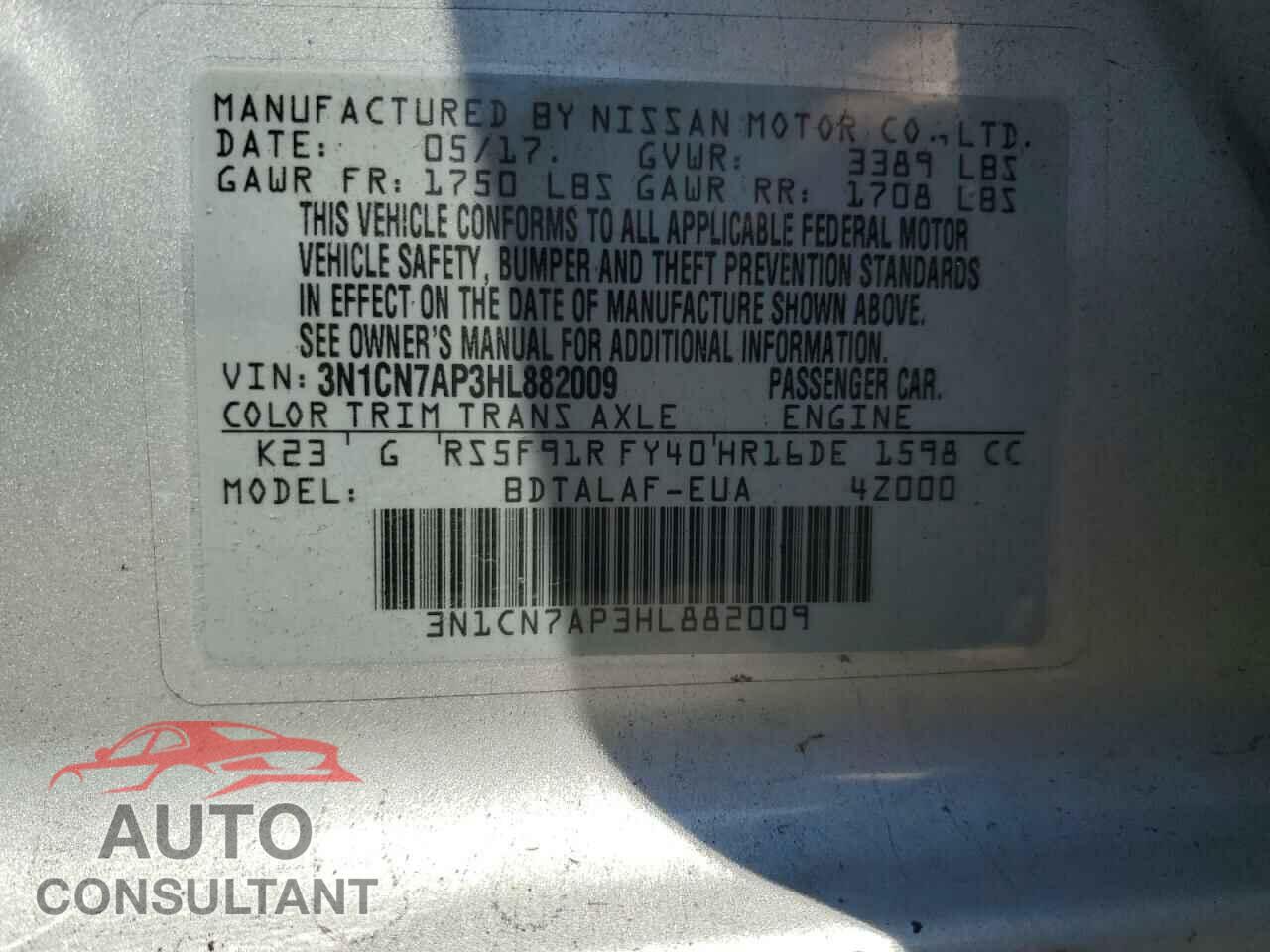 NISSAN VERSA 2017 - 3N1CN7AP3HL882009