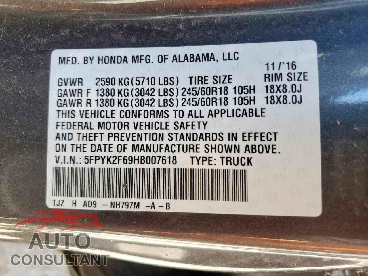 HONDA RIDGELINE 2017 - 5FPYK2F69HB007618