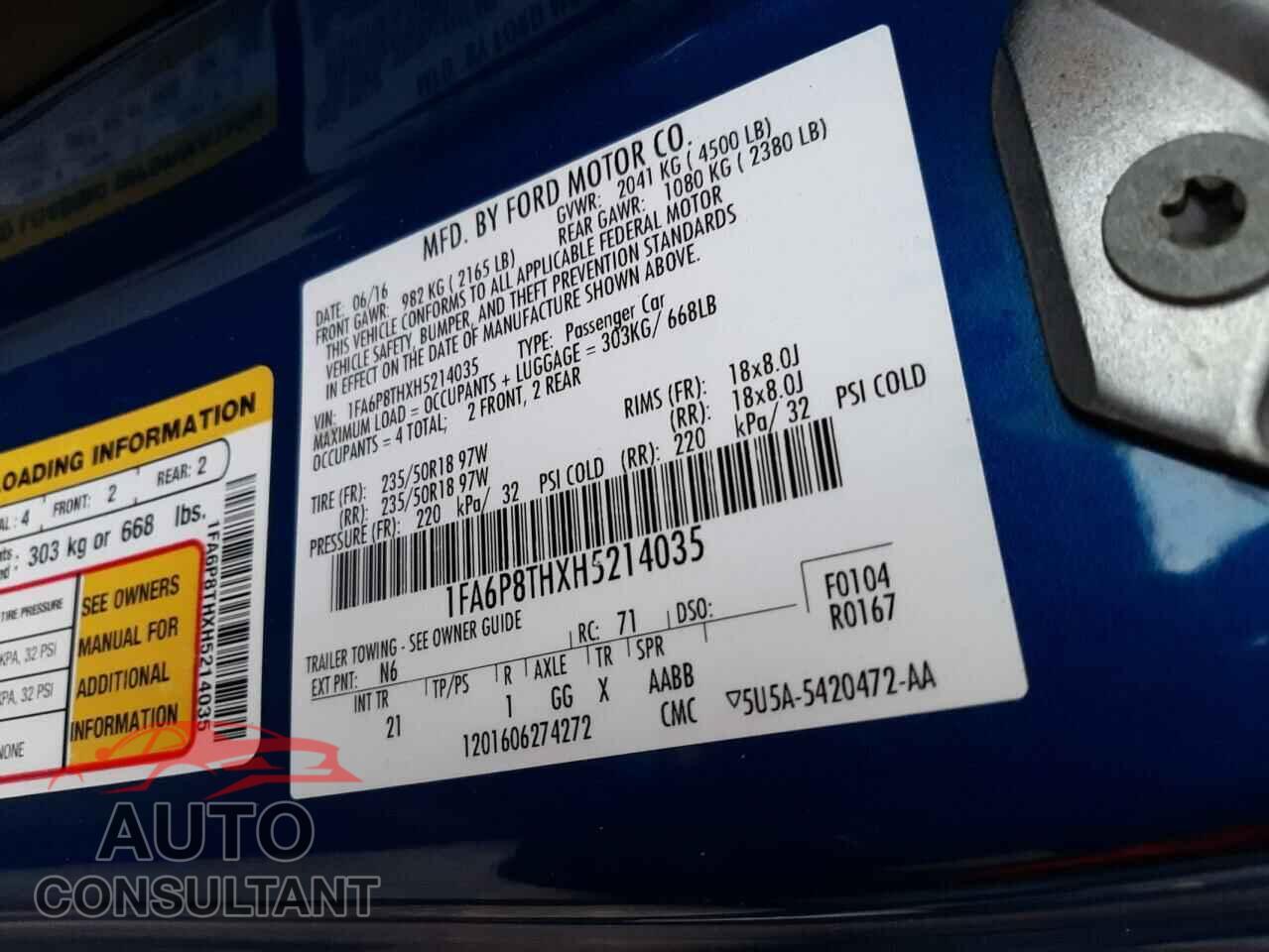 FORD MUSTANG 2017 - 1FA6P8THXH5214035