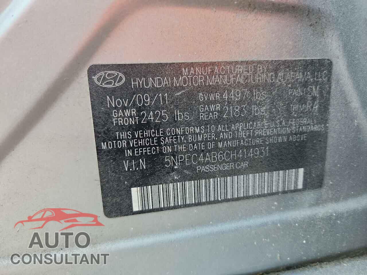 HYUNDAI SONATA 2012 - 5NPEC4AB6CH414931