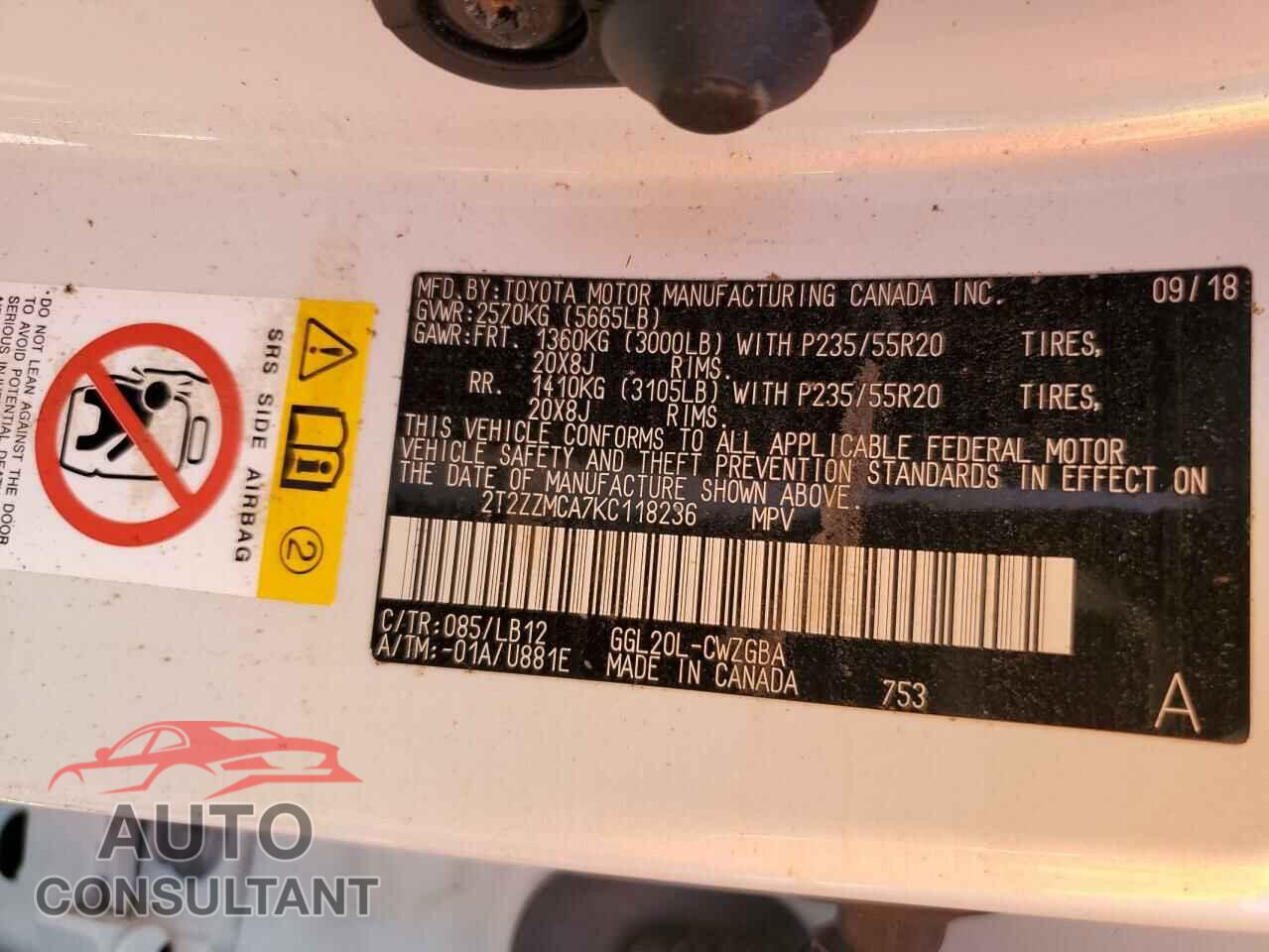 LEXUS RX350 2019 - 2T2ZZMCA7KC118236