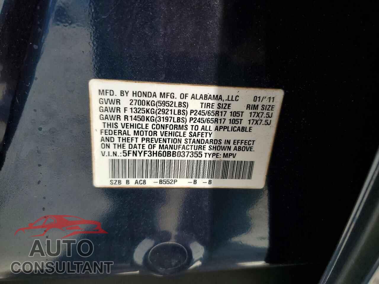 HONDA PILOT 2011 - 5FNYF3H60BB037355