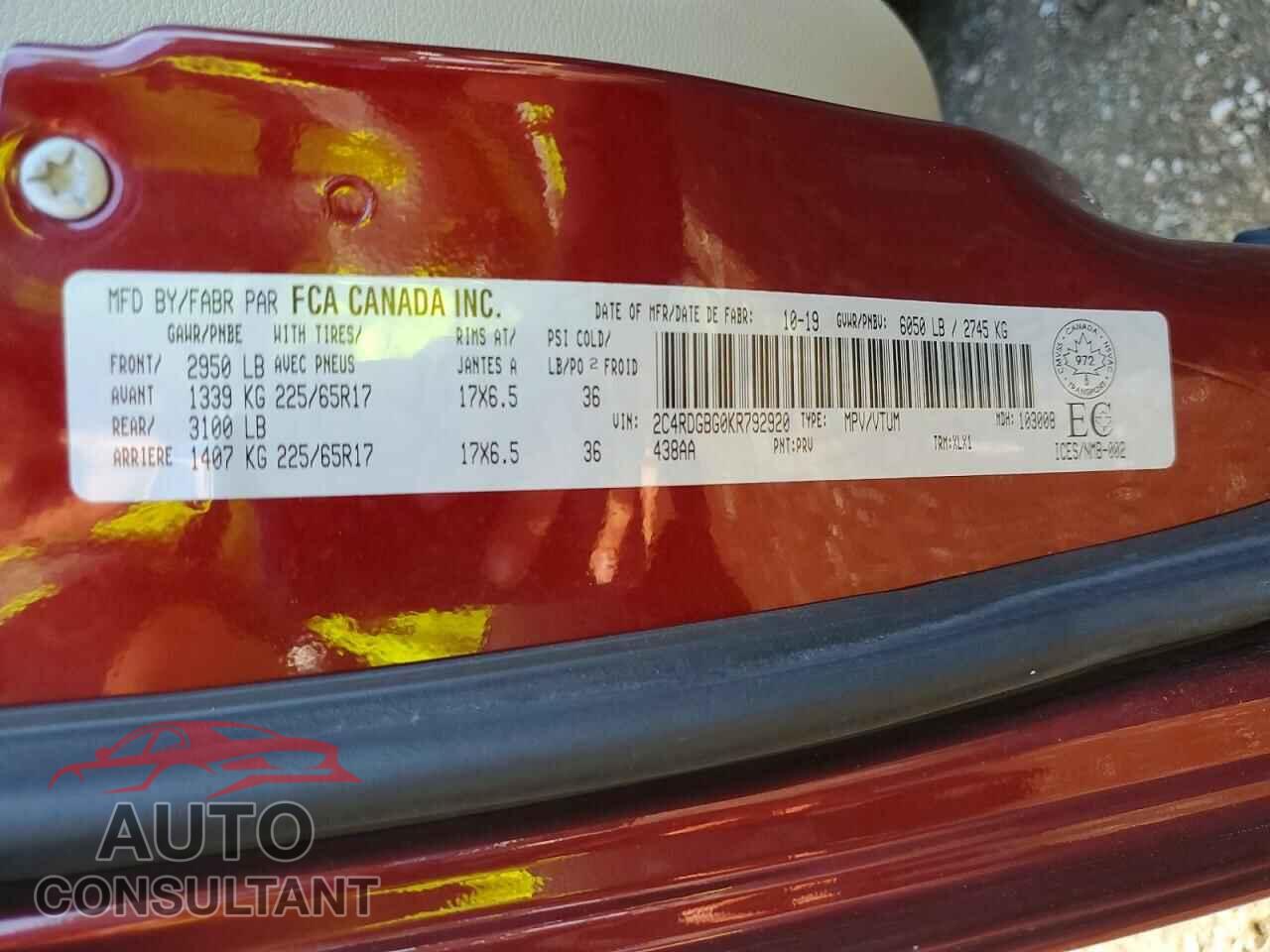 DODGE CARAVAN 2019 - 2C4RDGBG0KR792920