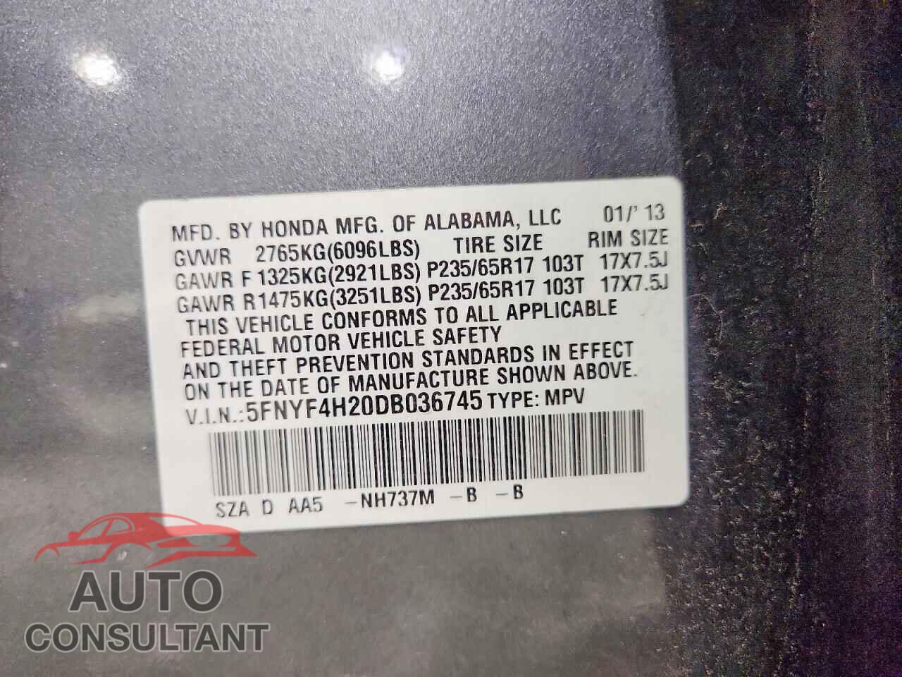 HONDA PILOT 2013 - 5FNYF4H20DB036745