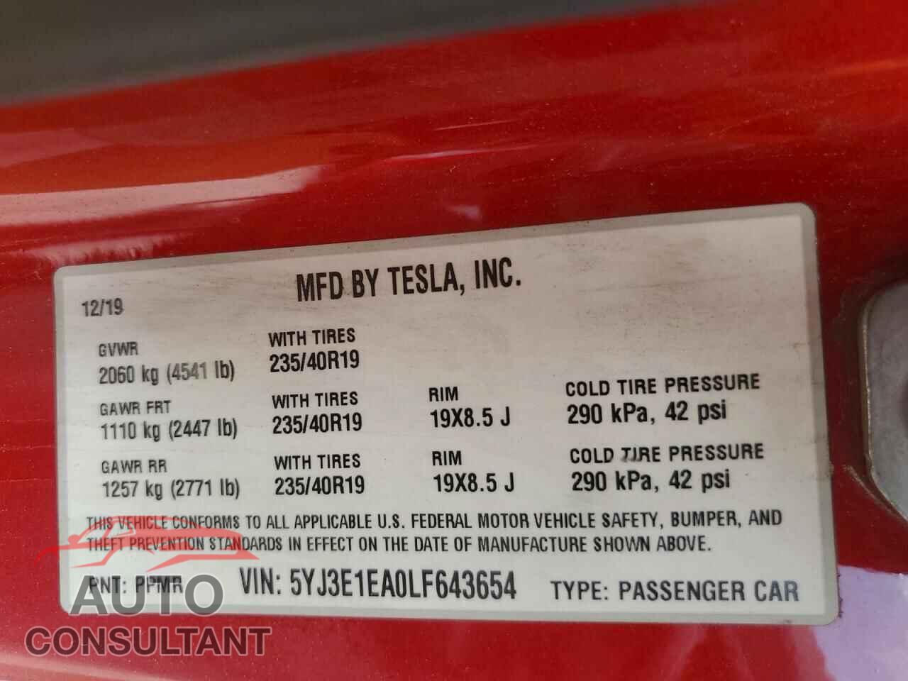 TESLA MODEL 3 2020 - 5YJ3E1EA0LF643654