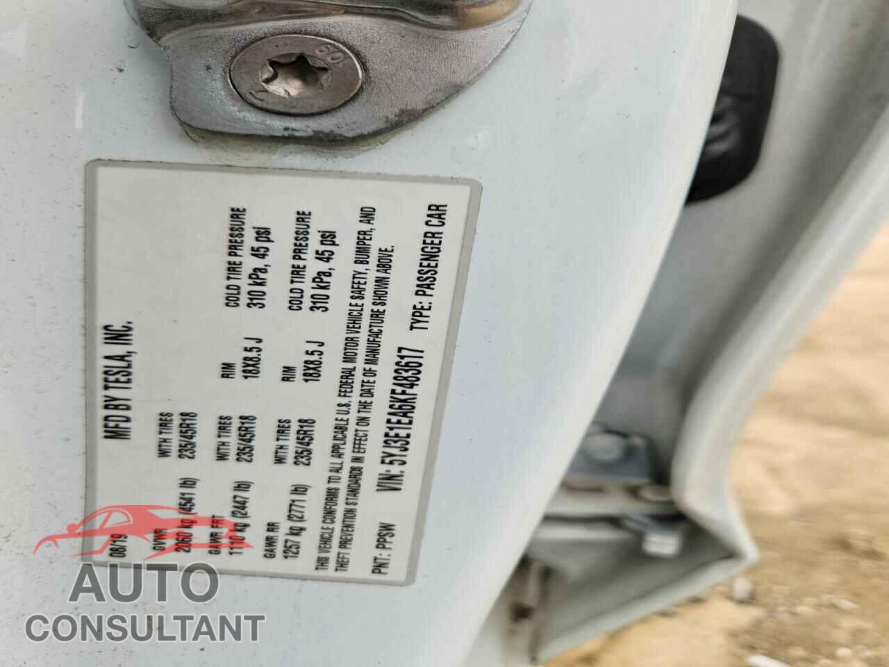TESLA MODEL 3 2019 - 5YJ3E1EA6KF483617