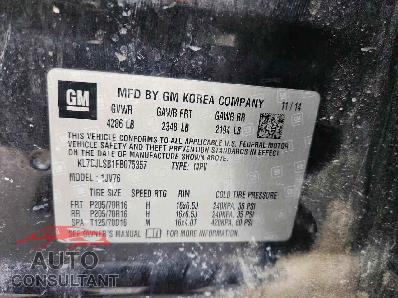 CHEVROLET TRAX 2015 - KL7CJLSB1FB075357