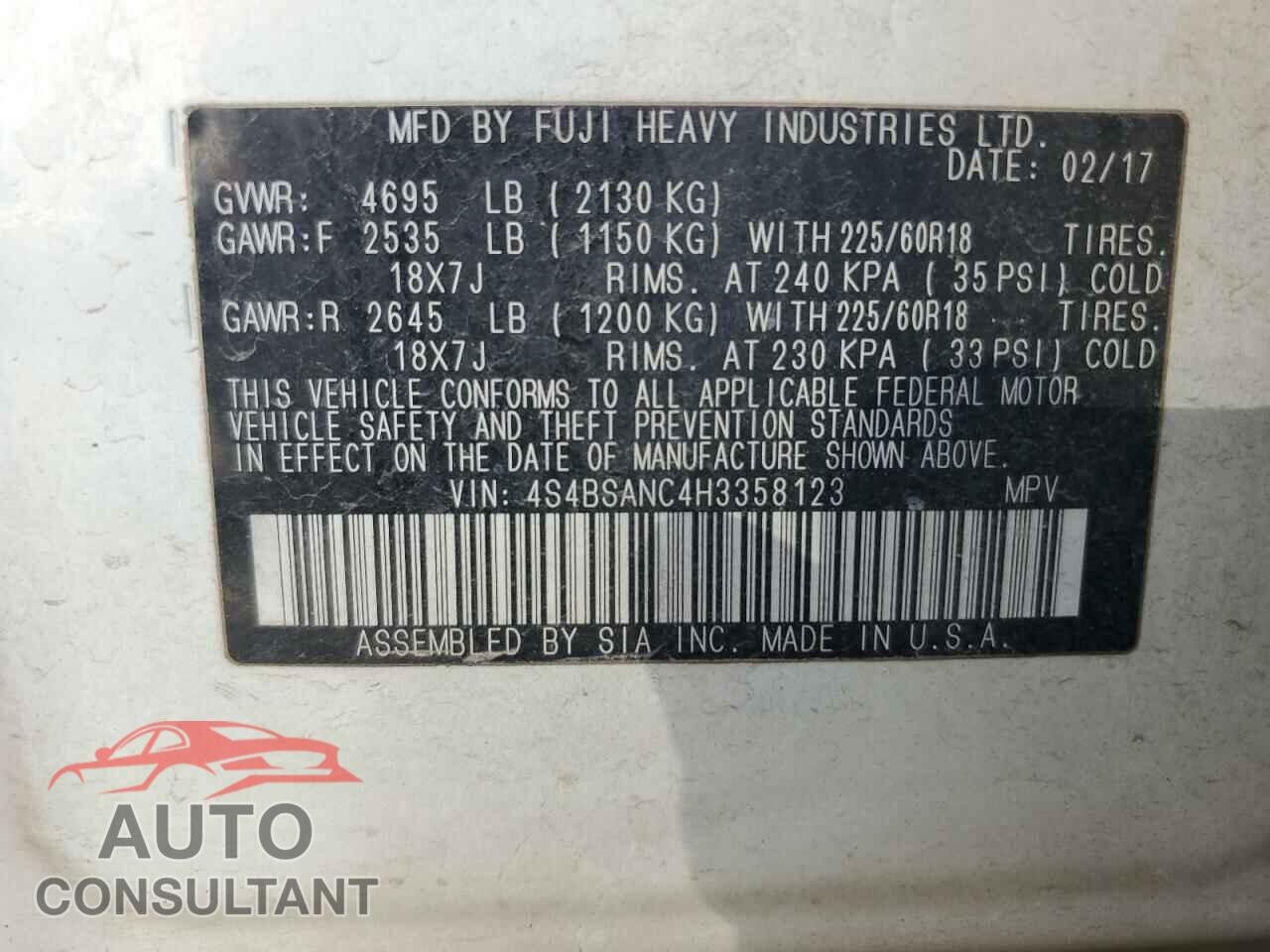 SUBARU OUTBACK 2017 - 4S4BSANC4H3358123