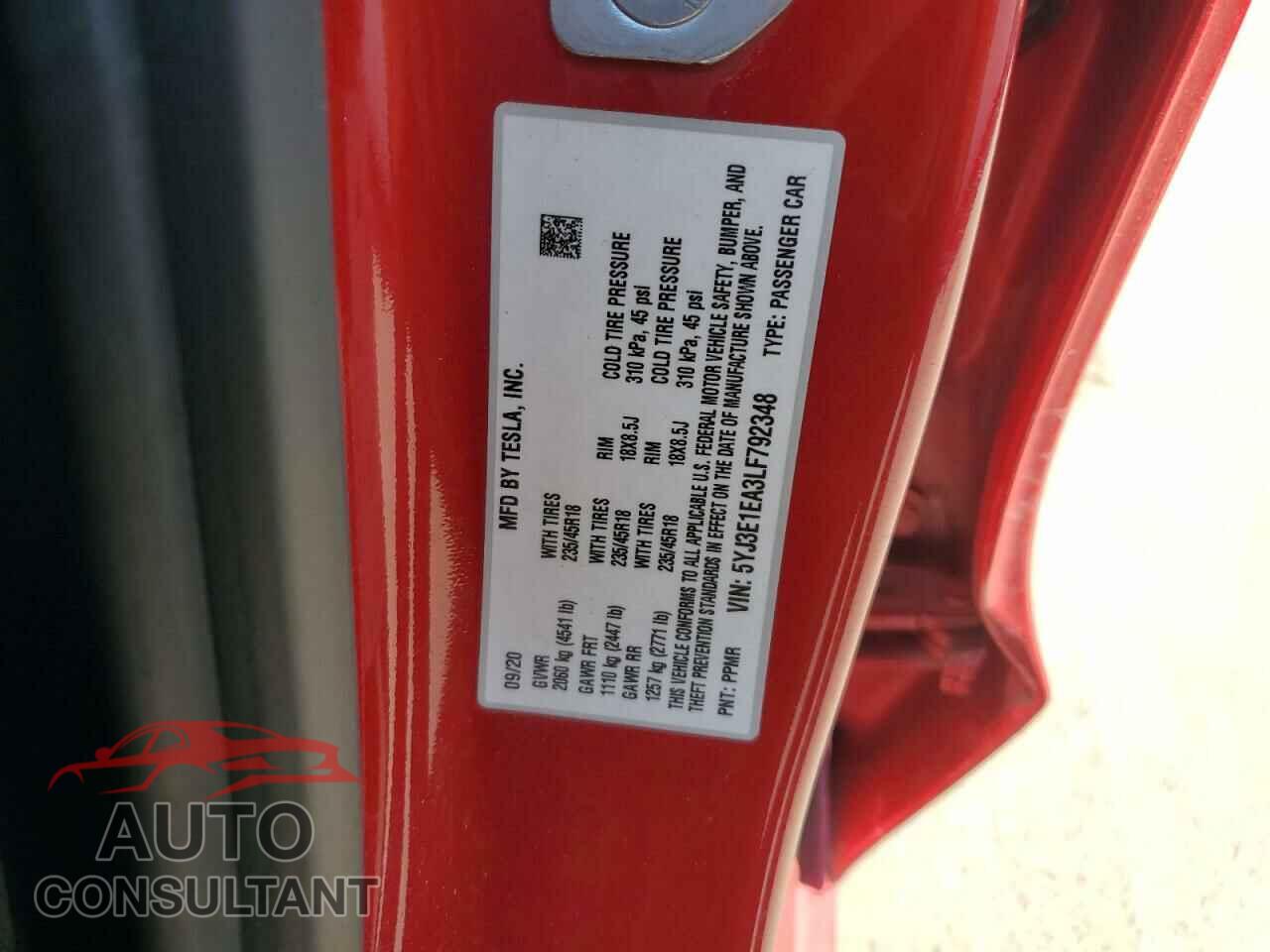 TESLA MODEL 3 2020 - 5YJ3E1EA3LF792348