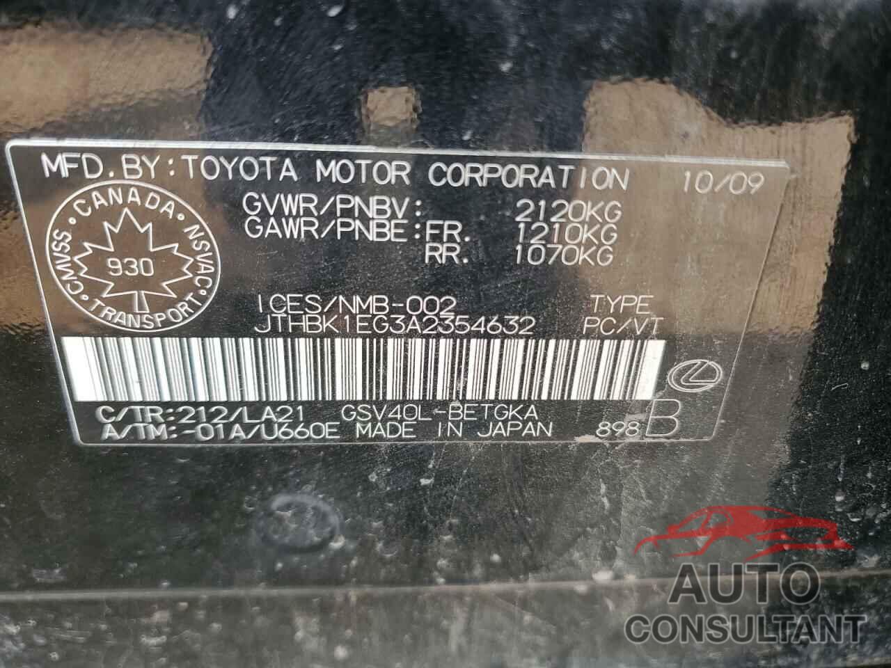 LEXUS ES350 2010 - JTHBK1EG3A2354632