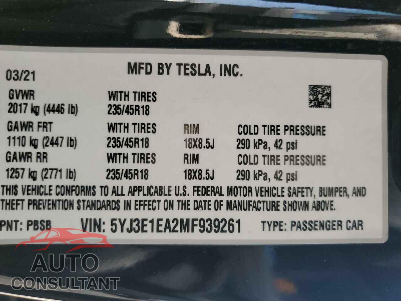 TESLA MODEL 3 2021 - 5YJ3E1EA2MF939261