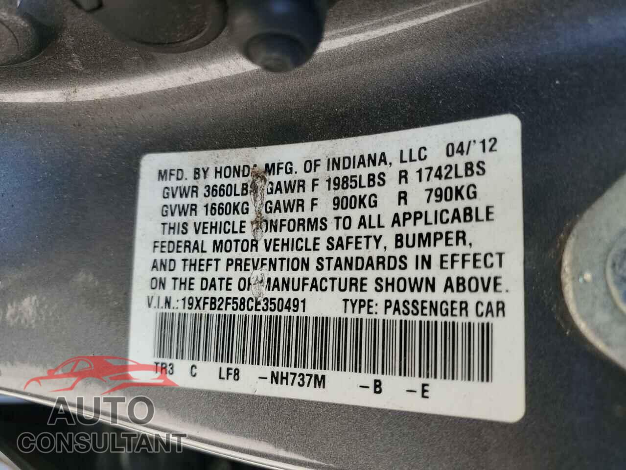 HONDA CIVIC 2012 - 19XFB2F58CE350491