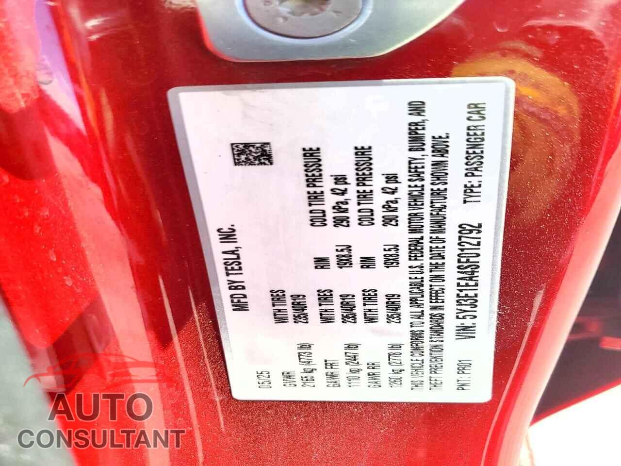 TESLA MODEL 3 2025 - 5YJ3E1EA4SF012792