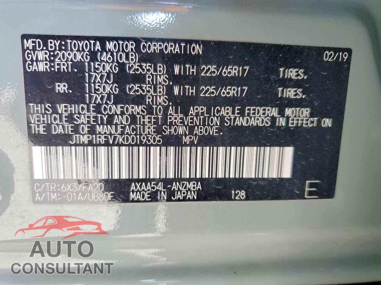 TOYOTA RAV4 2019 - JTMP1RFV7KD019305