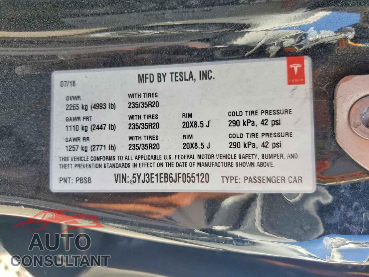 TESLA MODEL 3 2018 - 5YJ3E1EB6JF055120