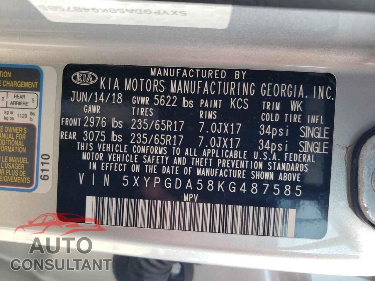 KIA SORENTO 2019 - 5XYPGDA58KG487585