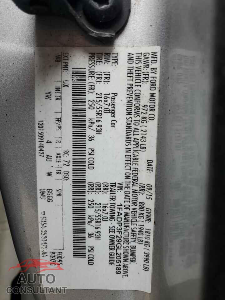 FORD FOCUS 2016 - 1FADP3F29GL205189