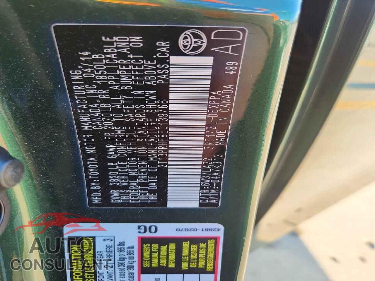 TOYOTA COROLLA 2014 - 2T1BPRHE8EC139766