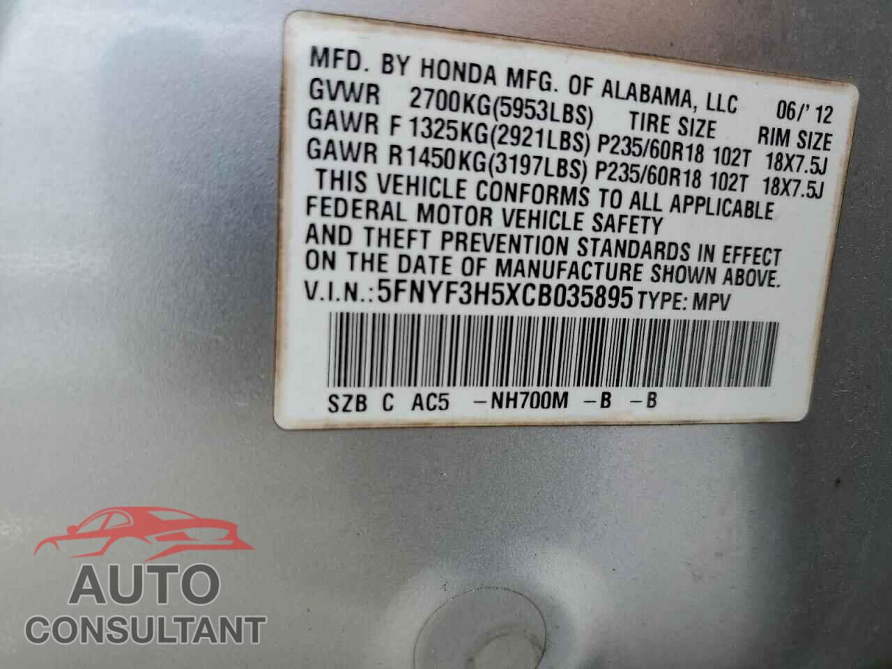 HONDA PILOT 2012 - 5FNYF3H5XCB035895