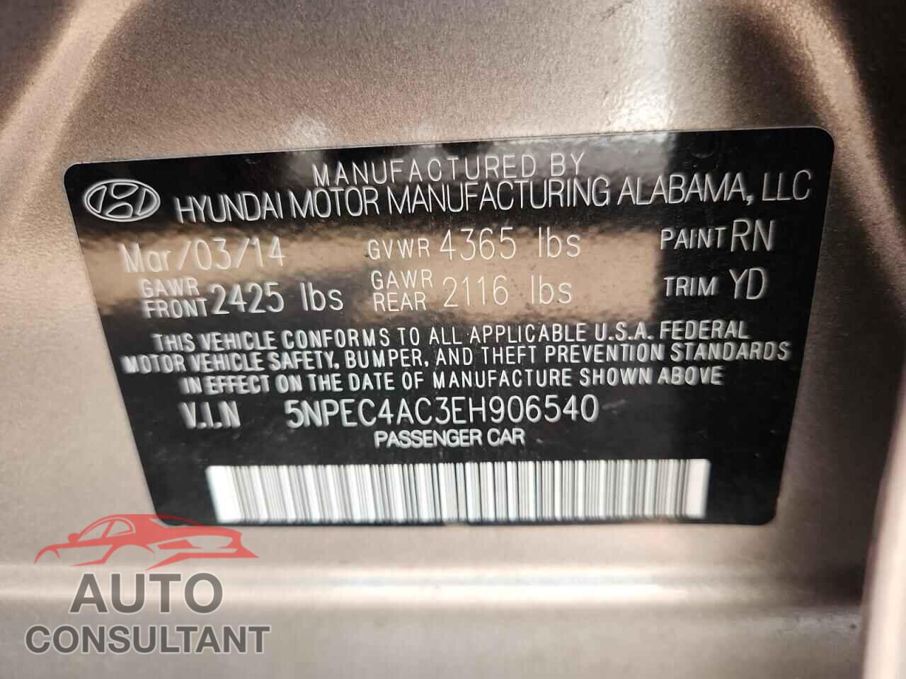 HYUNDAI SONATA 2014 - 5NPEC4AC3EH906540
