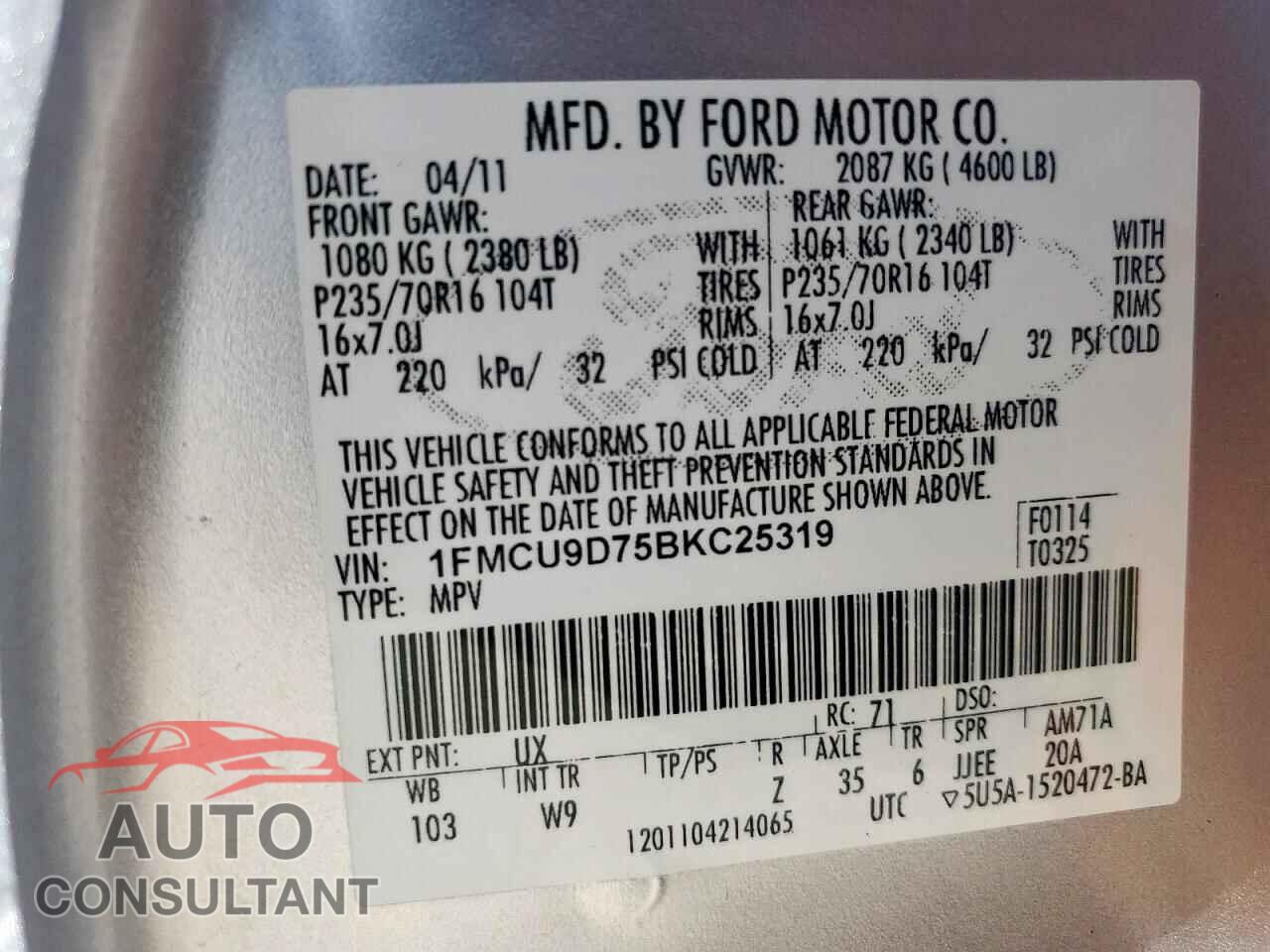 FORD ESCAPE 2011 - 1FMCU9D75BKC25319