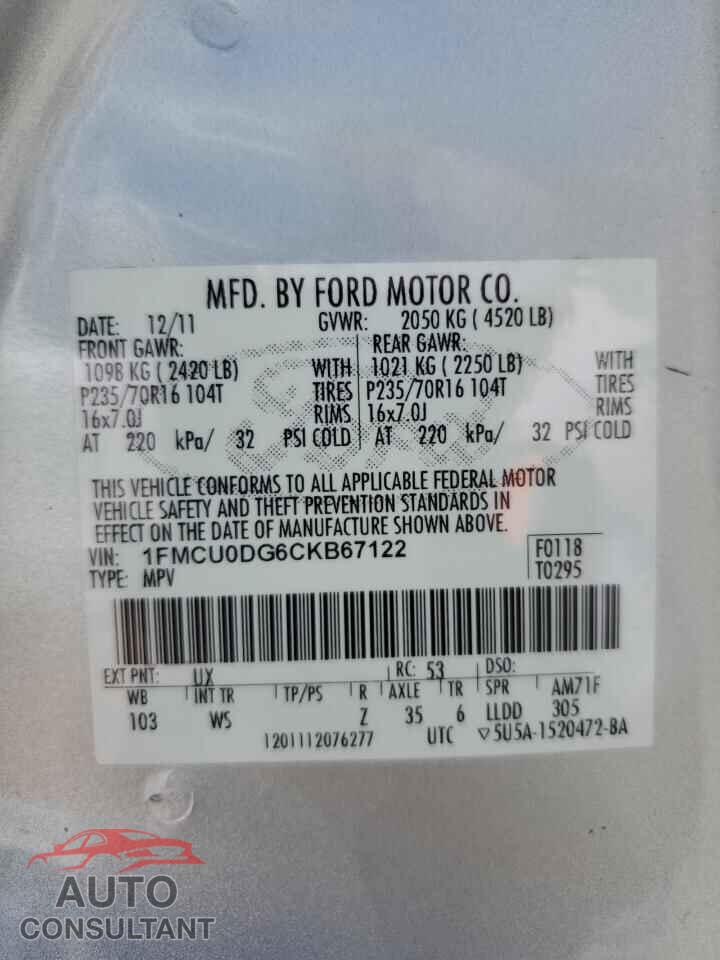 FORD ESCAPE 2012 - 1FMCU0DG6CKB67122