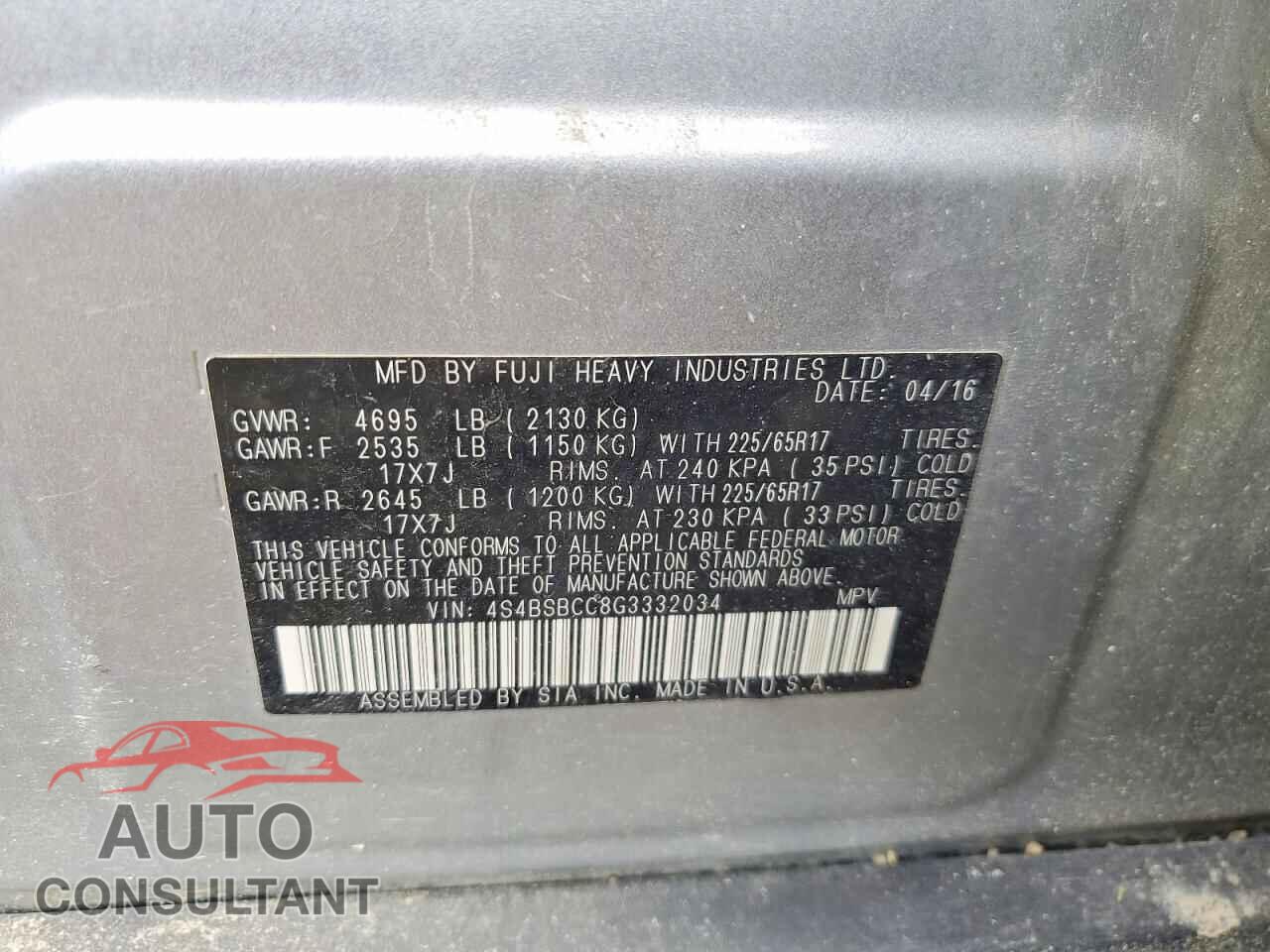 SUBARU OUTBACK 2016 - 4S4BSBCC8G3332034