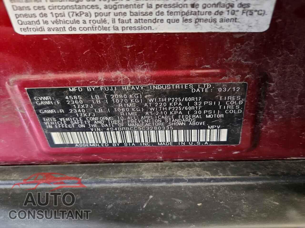SUBARU OUTBACK 2012 - 4S4BRBCC5C3280335