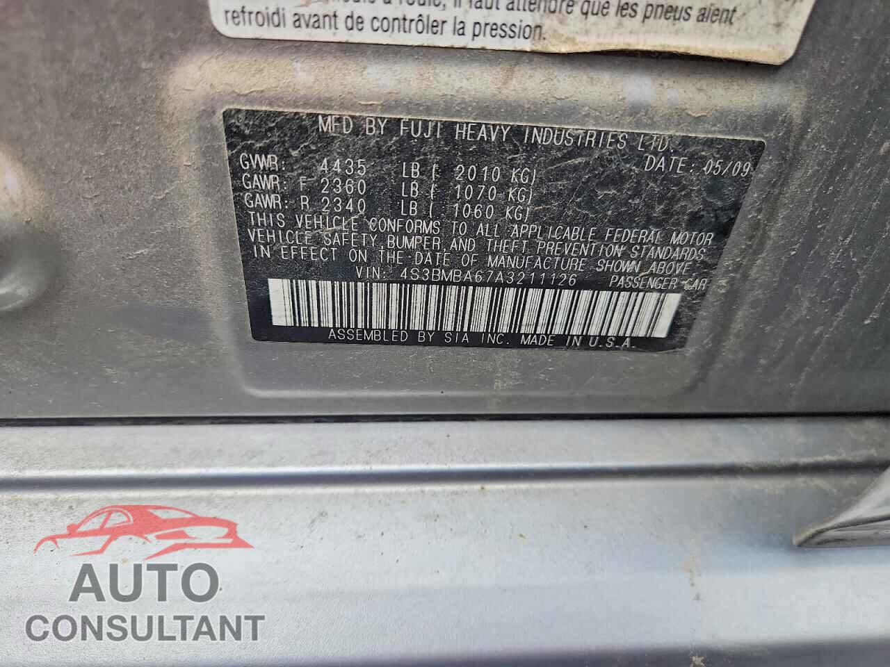 SUBARU LEGACY 2010 - 4S3BMBA67A3211126