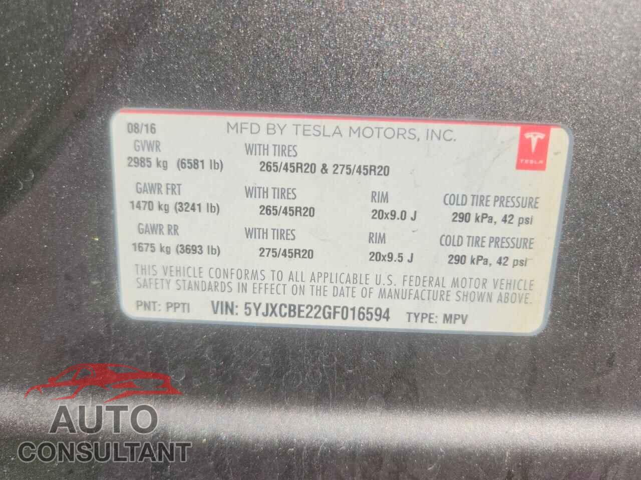 TESLA MODEL X 2016 - 5YJXCBE22GF016594