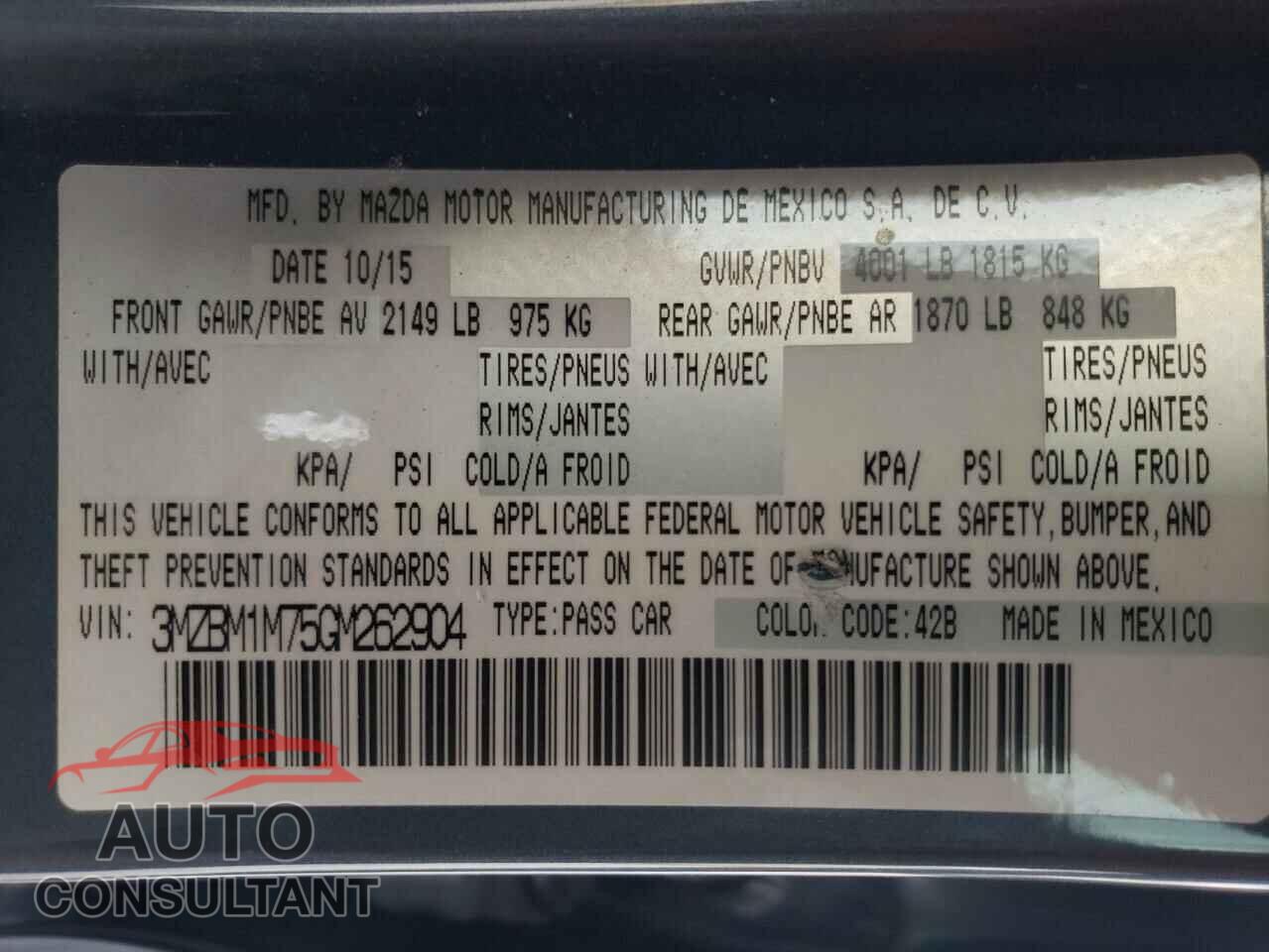 MAZDA 3 2016 - 3MZBM1M75GM262904