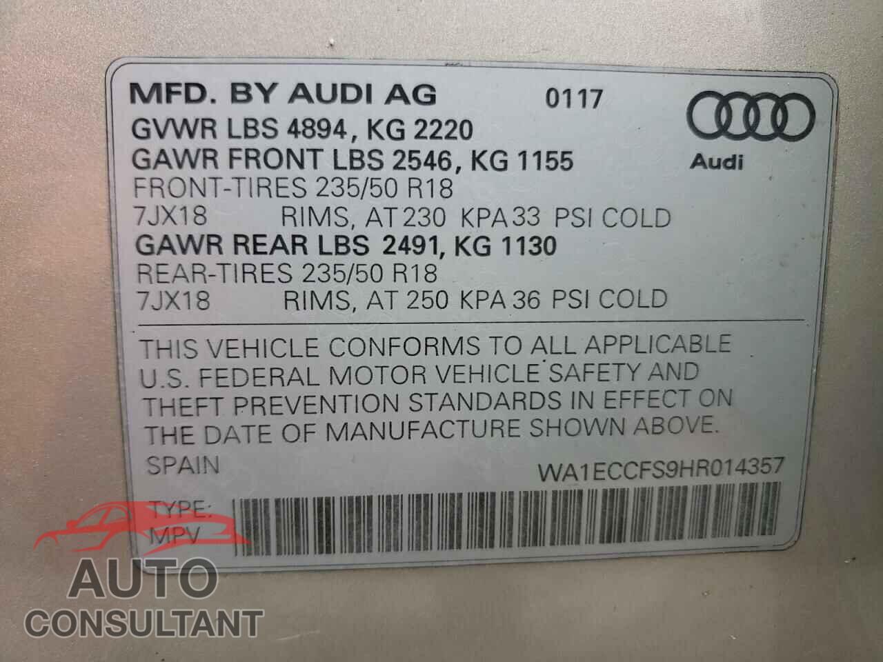 AUDI Q3 2017 - WA1ECCFS9HR014357
