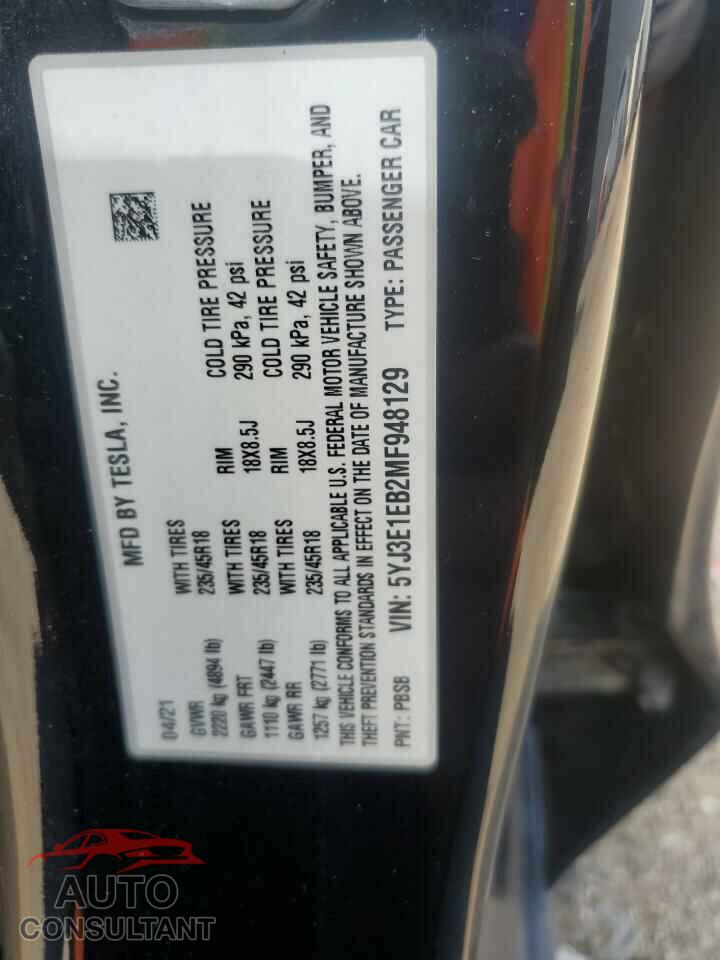 TESLA MODEL 3 2021 - 5YJ3E1EB2MF948129