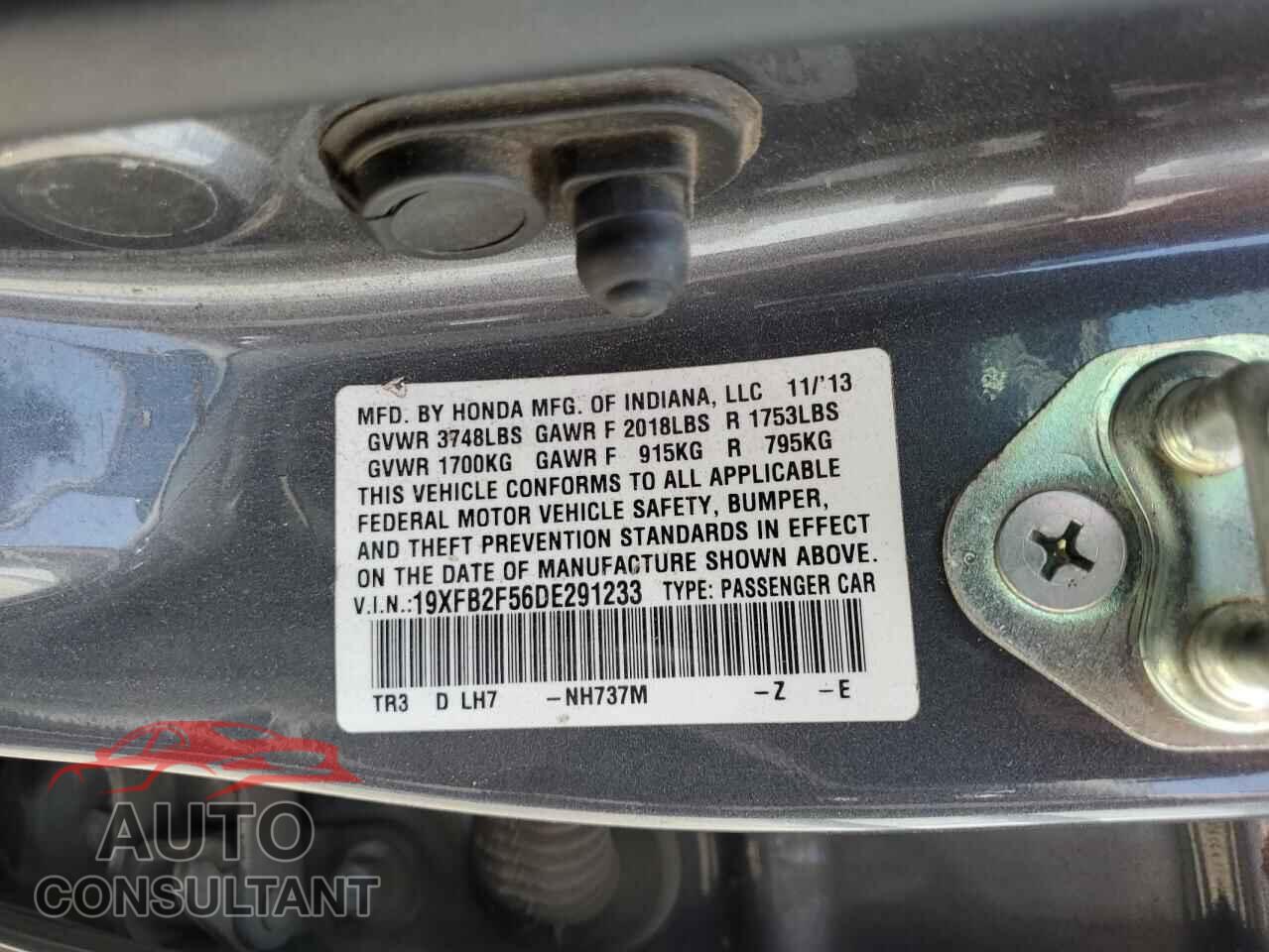 HONDA CIVIC 2013 - 19XFB2F56DE291233