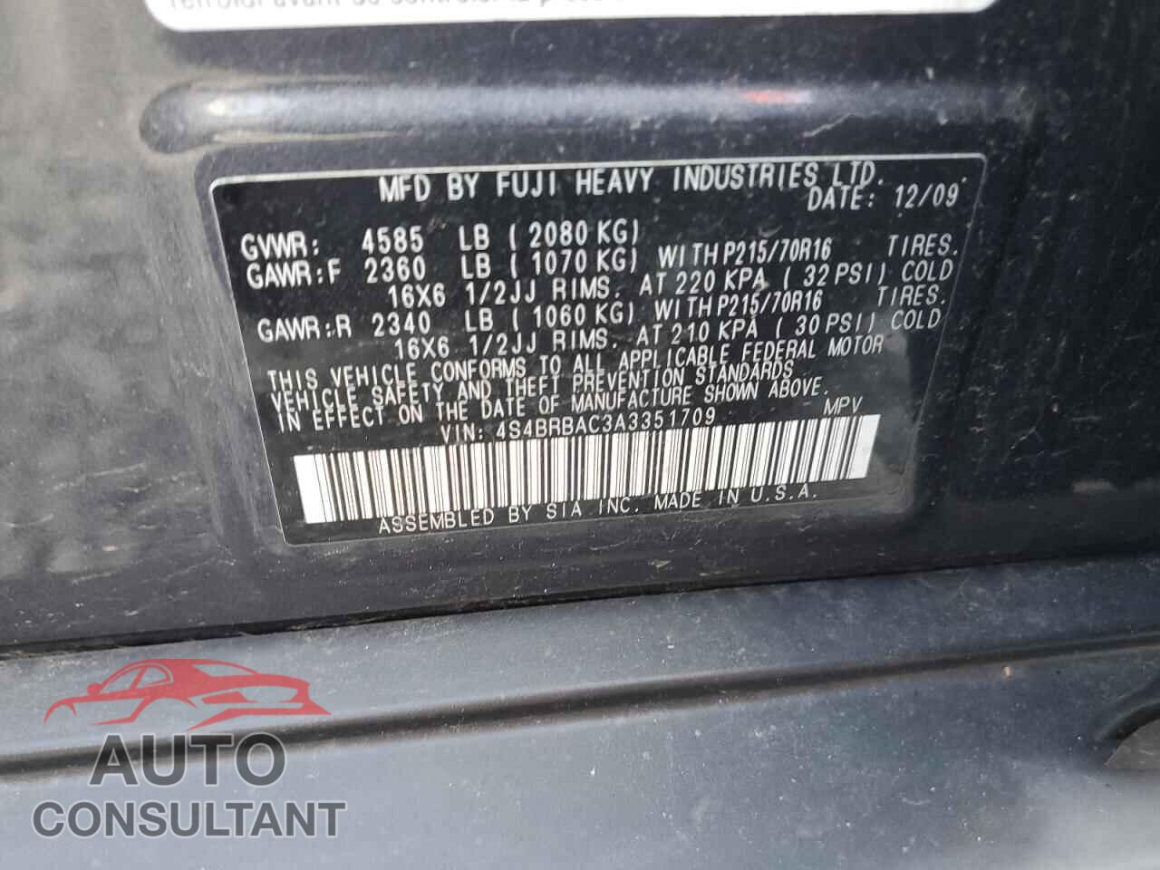 SUBARU OUTBACK 2010 - 4S4BRBAC3A3351709