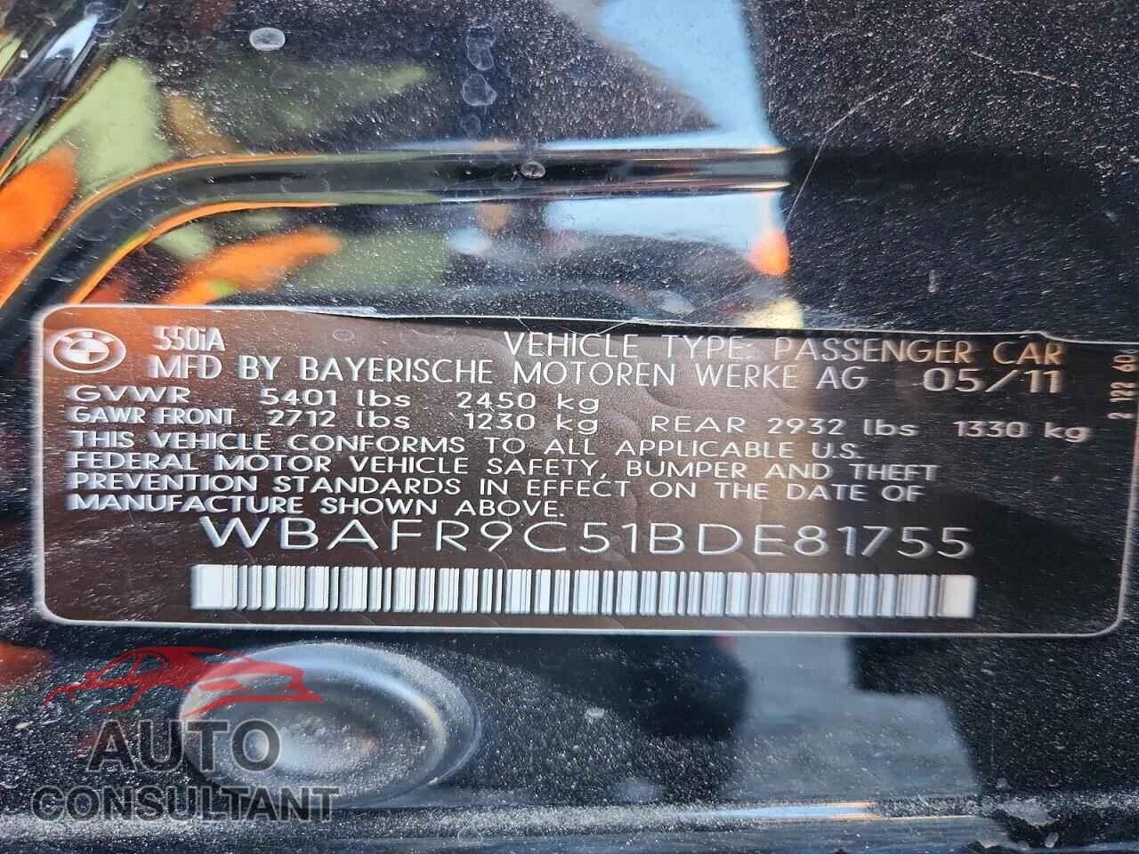 BMW 5 SERIES 2011 - WBAFR9C51BDE81755